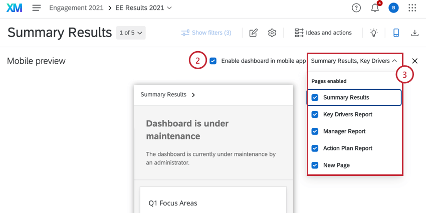 enabling dashboards for mobile view and choosing the available pages