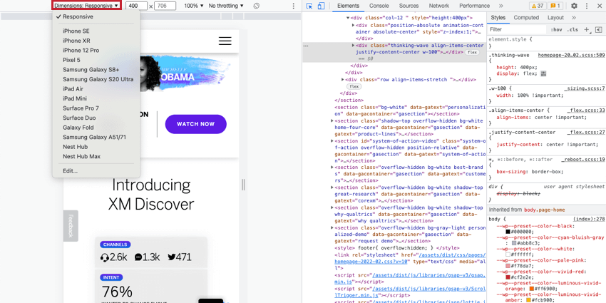 In the Toggle Device Toolbar of the Developer Tools, the dropdown is selected to show all device sizes