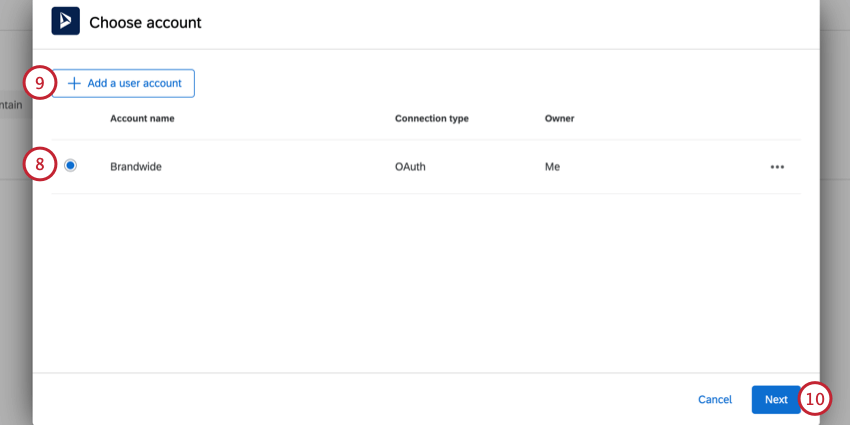 selecting a dynamics account to use or adding a new one