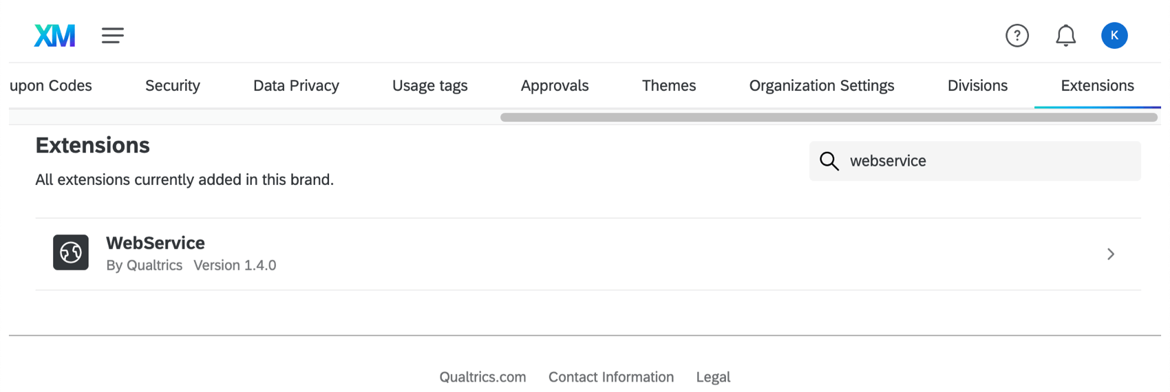 Showing webservice extension on the extensions tab of the admin page