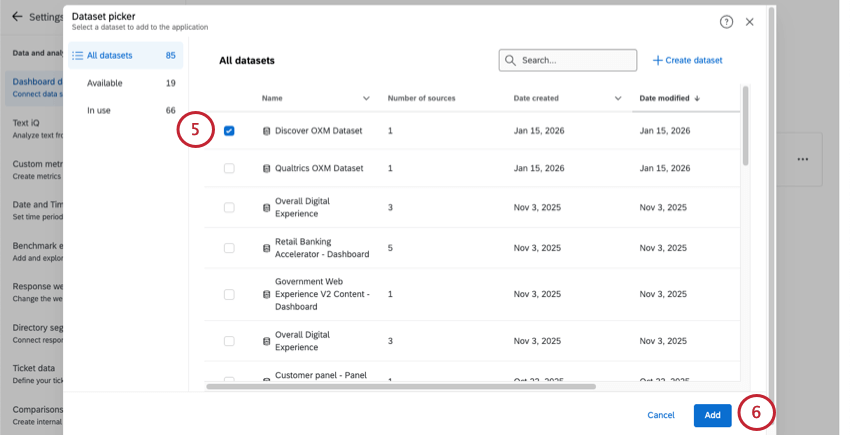 new modal where you select a dataset