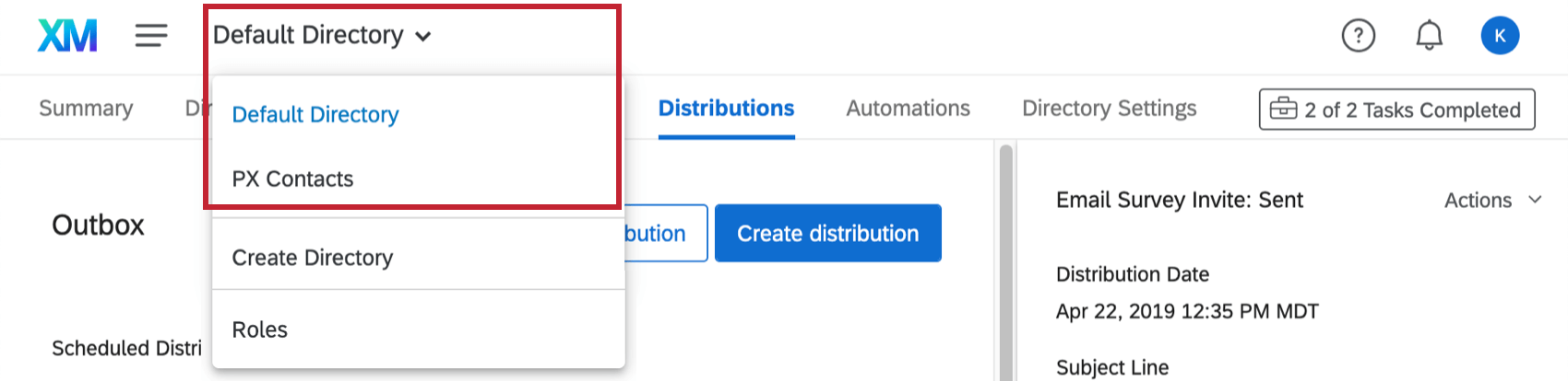 Topmost navigation bar of the screen. Clicking the name of the directory and seeing a dropdown with a list of all other directories