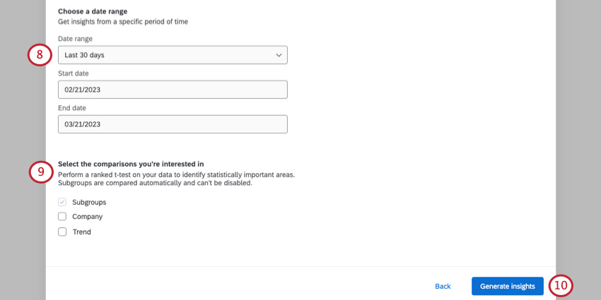 Adding date range. choosing the types of insights to generate