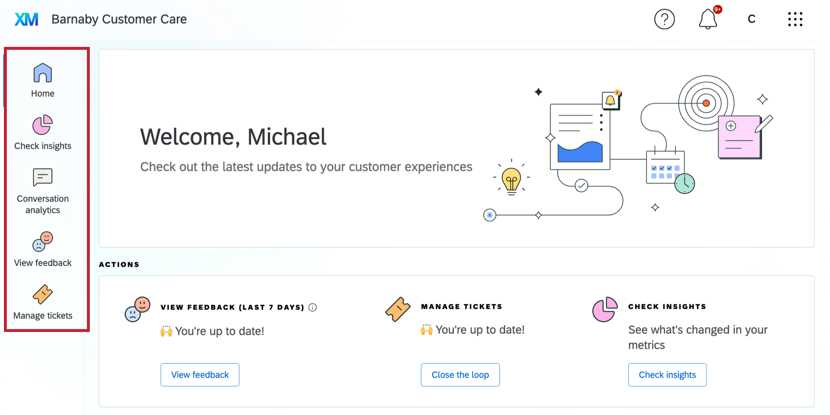 navigating the customer care app using the tabs on the left side of the page