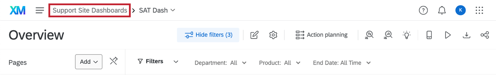 The topmost banner when inside a dashboard. To the leftmost corner is the name of the proejct, "Support site dashboards," and to the right after the arrow is the name of the dashboard you are currently inside, "SAT dash"