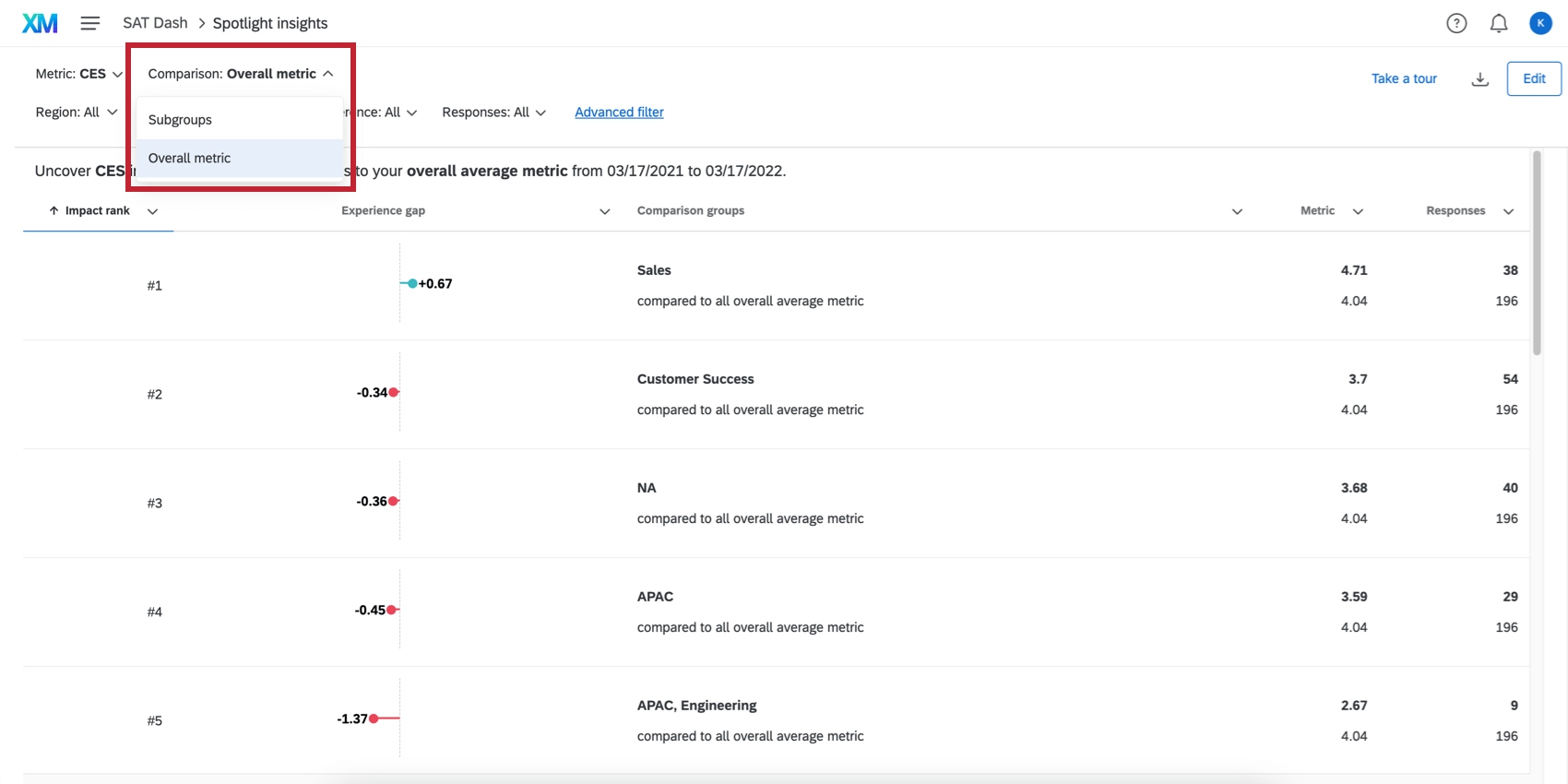 using the compare filter to switch between insight comparisons
