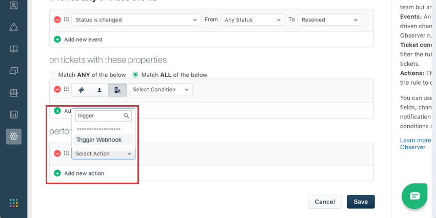 Action has a menu expanded with trigger webhook highlighted