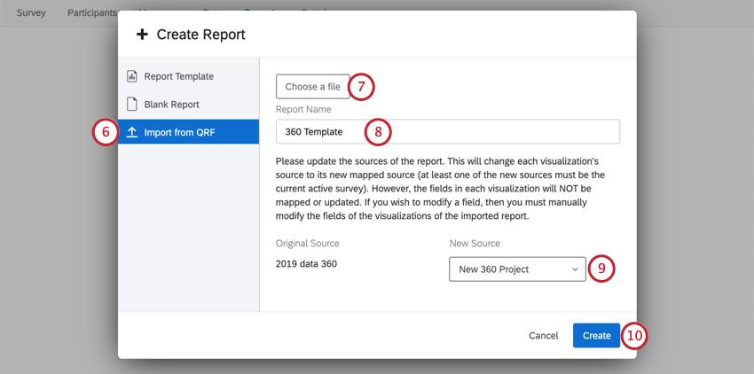 Create report window opens. To left, import from QRF is selected. Because a file has been selected, there is a field for naming the report, an explanation of the need to establish a new data source, and a dropdown for selecting that data source