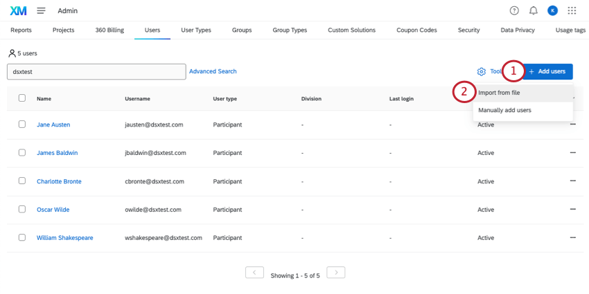 Adding users in the new users tab