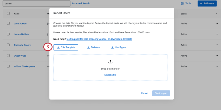 New window where you can download a CSV template