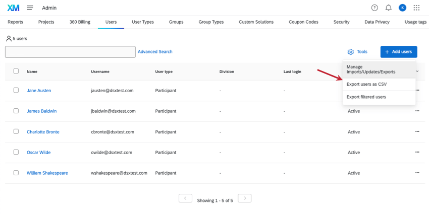 export users as a CSV option in tools menu