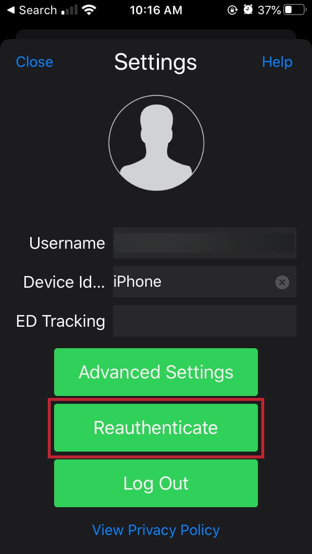 Offline app settings screen with Reauthenticate highlighted