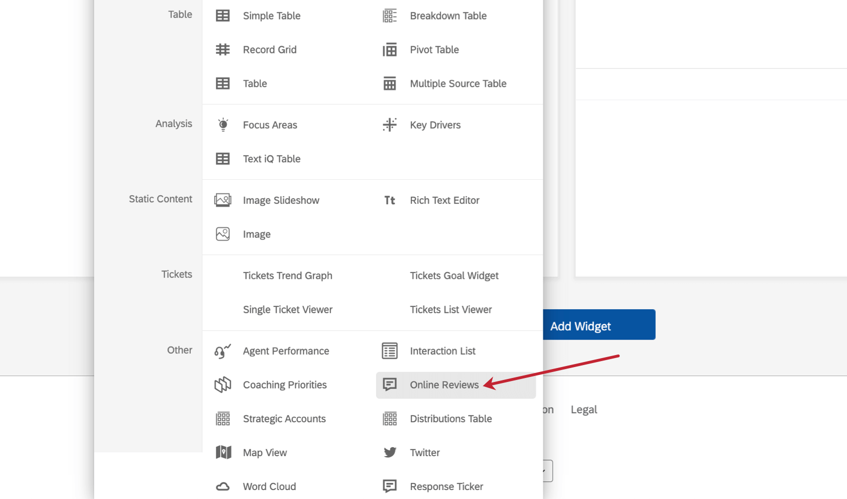 Add widget button expands to a menu; online reviews is selected