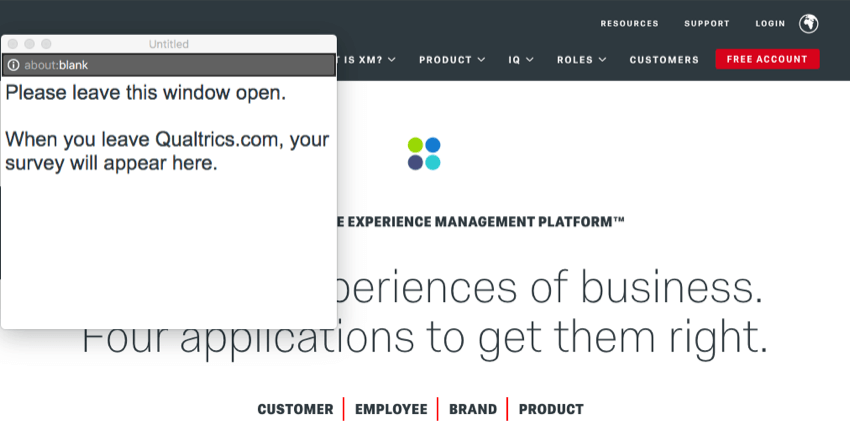 A window over the page saying the site exit survey will appear after the visitor exits