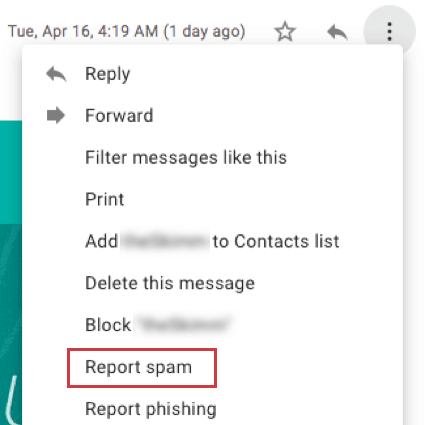 Gmail where the email options are expanded to show report spam option