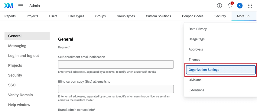 top of admin page click more, then organization settings is an option in the new menu