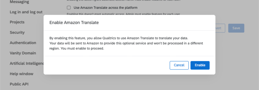 new window asking you to confirm if you want to enable Amazon Translate