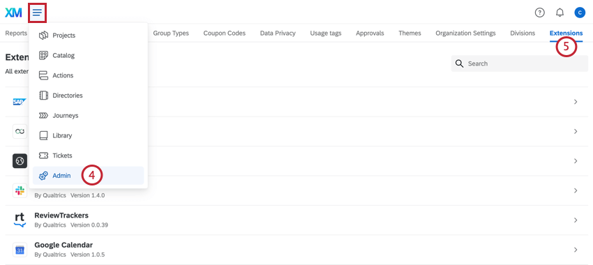 using the navigation menu to go to admin, and then navigating to extensions