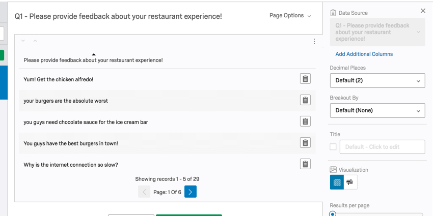 Paginated table with every row displaying respondent feedback