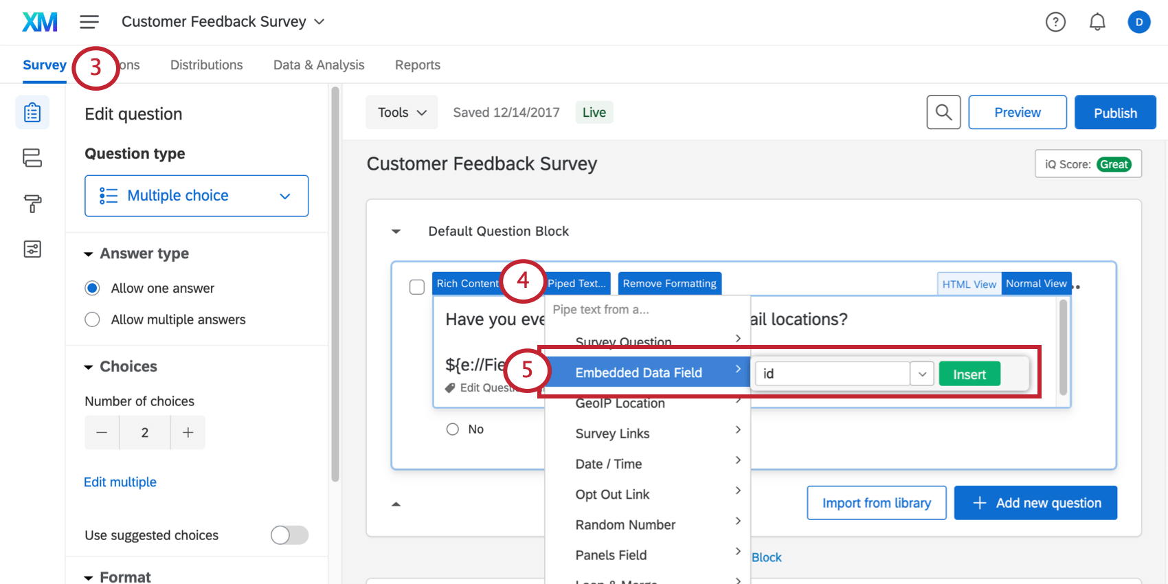 Embedded Data Field option in Piped Text menu on a question in Survey tab