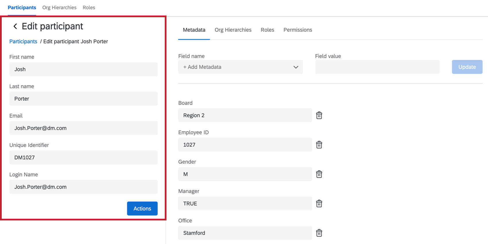Basic information is on the left of the page under "Edit Participant"