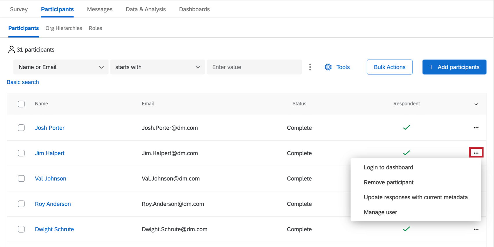 Clicking the dropdown arrow to the far right of a participant to reveal more options