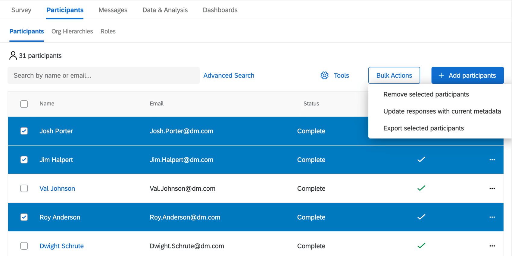 Several participants are selected, and a dropdown on the top-right of them is expanded to reveal options on managing them as a group