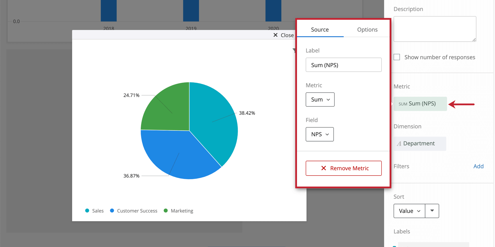Metric settings on a Pie Chart expanded to show Source options
