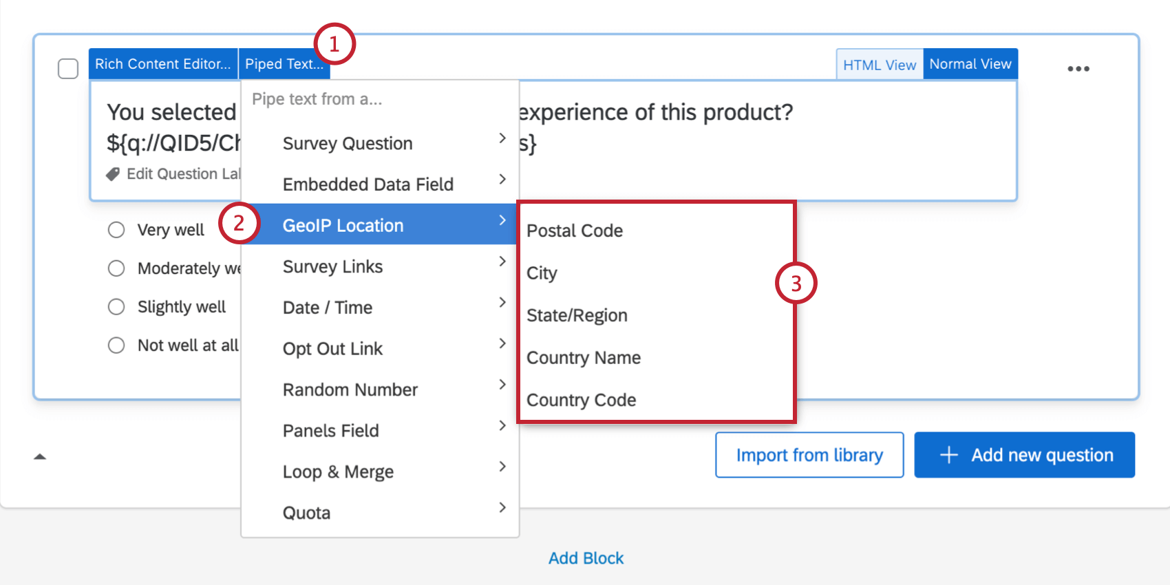 GeoIP Piped Text menu with postal code, city, state region, area code, country name, and country code options
