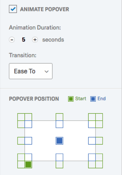 Animate Popover options, duration, transition dropdown, and popover position grid