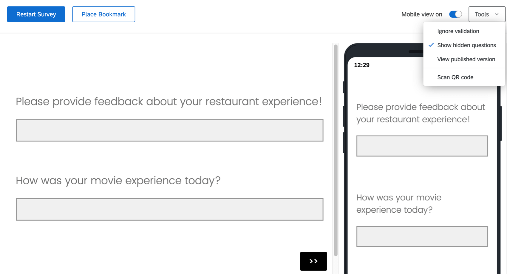 Preview Survey screen