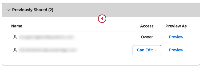 If the dashboard is already shared with the user, locate them in the Previously Shared section.