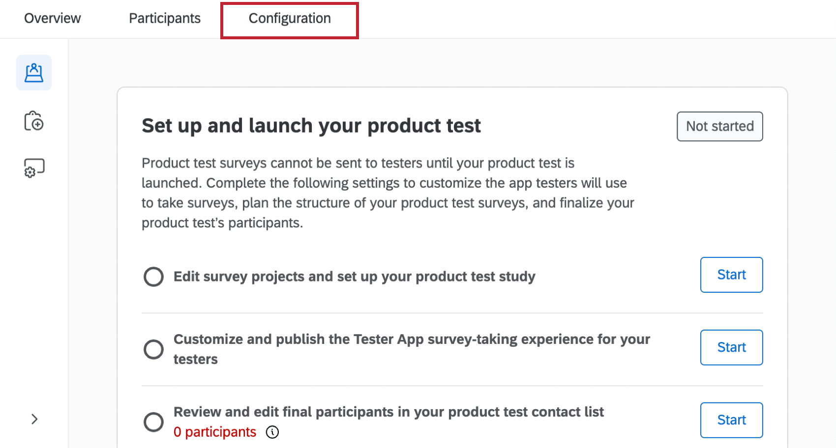 Configuration tab within a product test