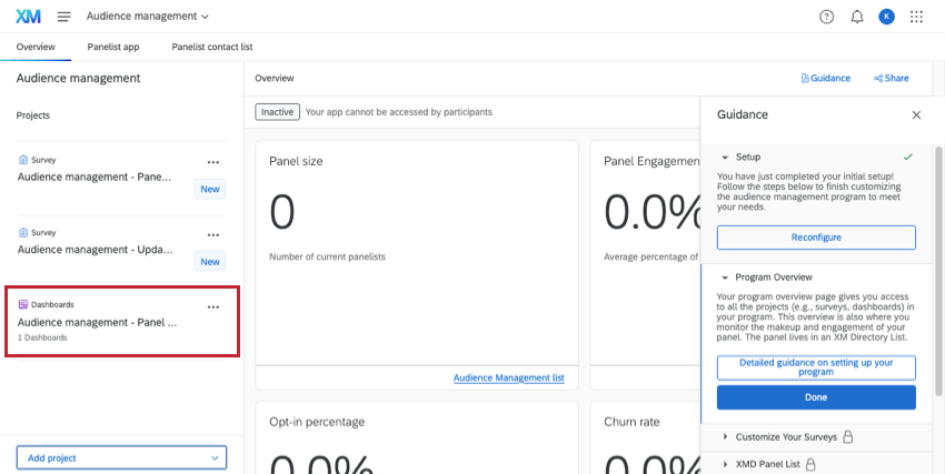 program overview page has a project list on the left. one such project is a dashboard