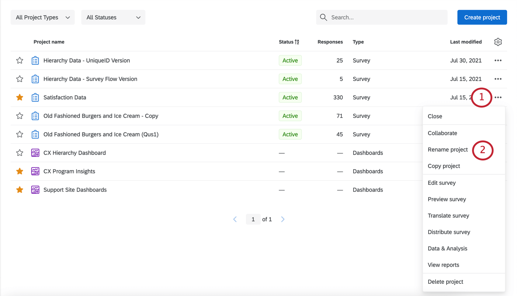 Rename Project option from dropdown arrow