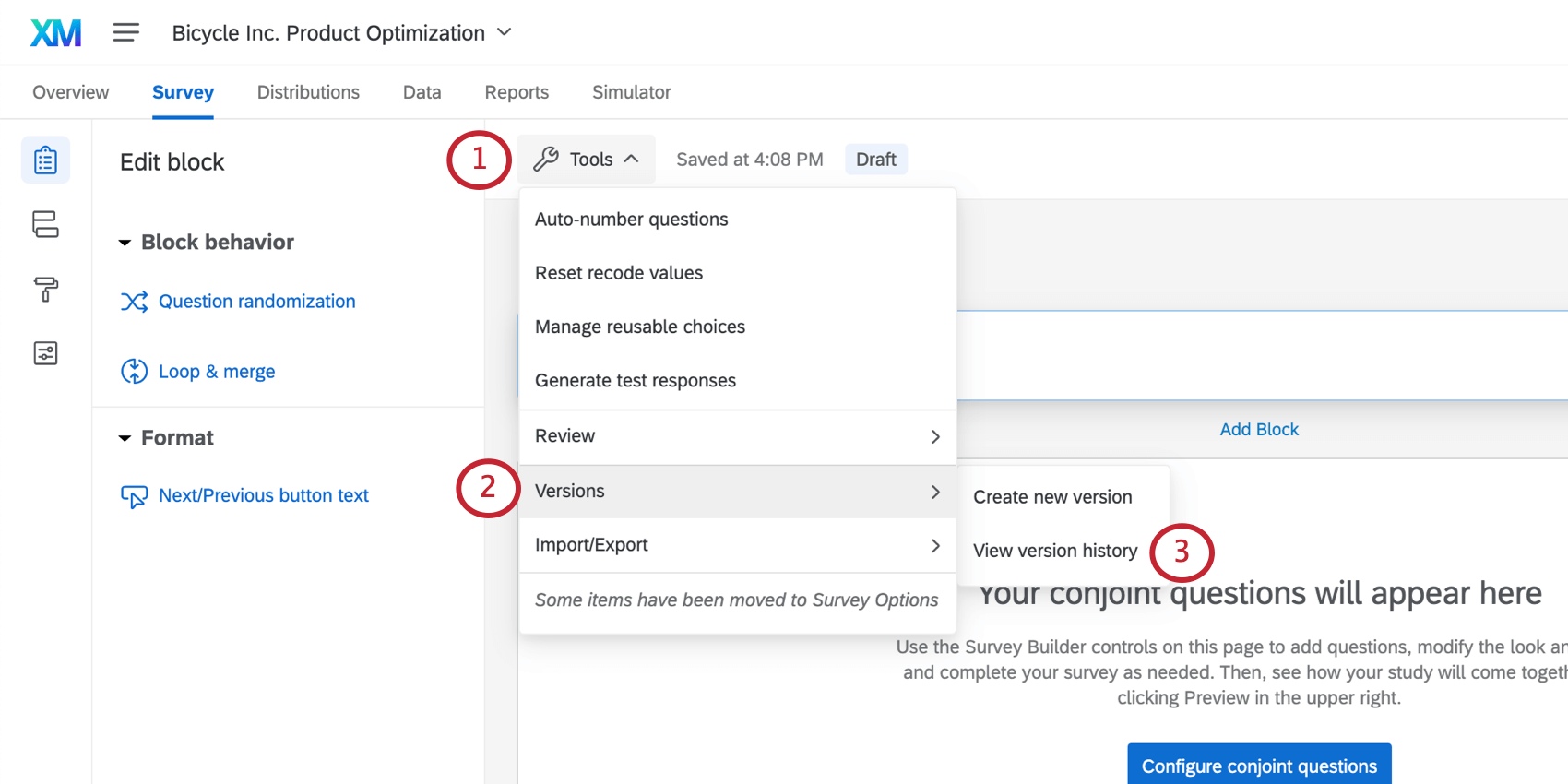 Selecting versions form the tools menu in the survey tab