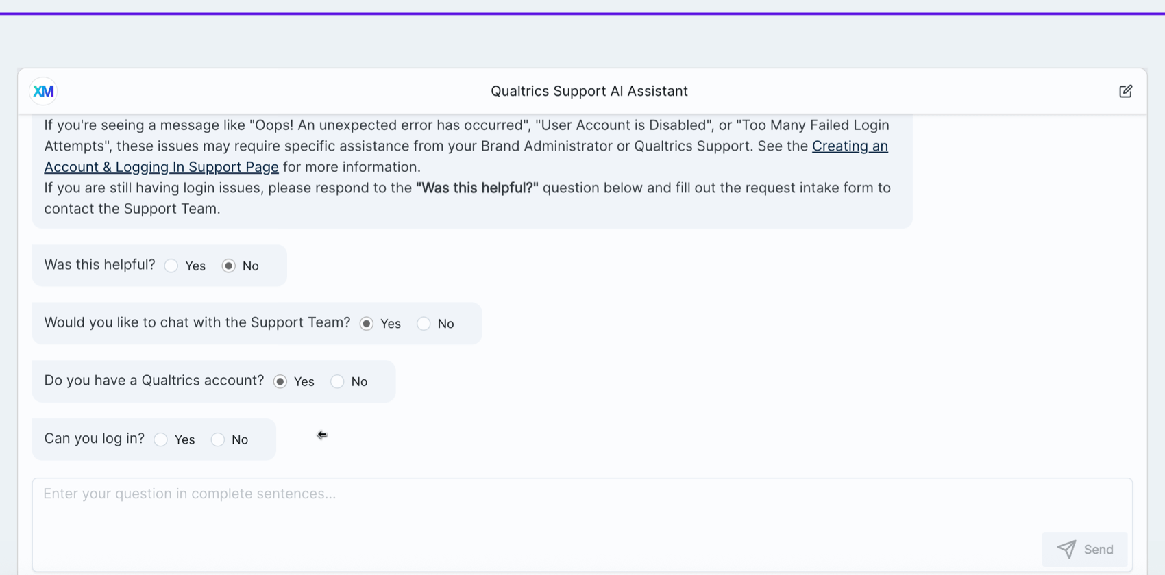 chatting with the Qualtrics Support AI Assistant