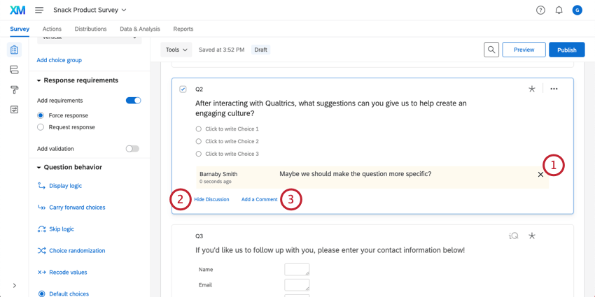 Additional options for the note, including the options to Hide discussion or Add a Comment; shows the name of the person who added the note as well as a time stamp