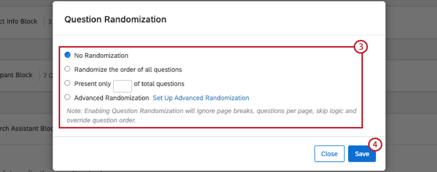 Selecting the type of randomization and clicking Save to apply the randomization settings.