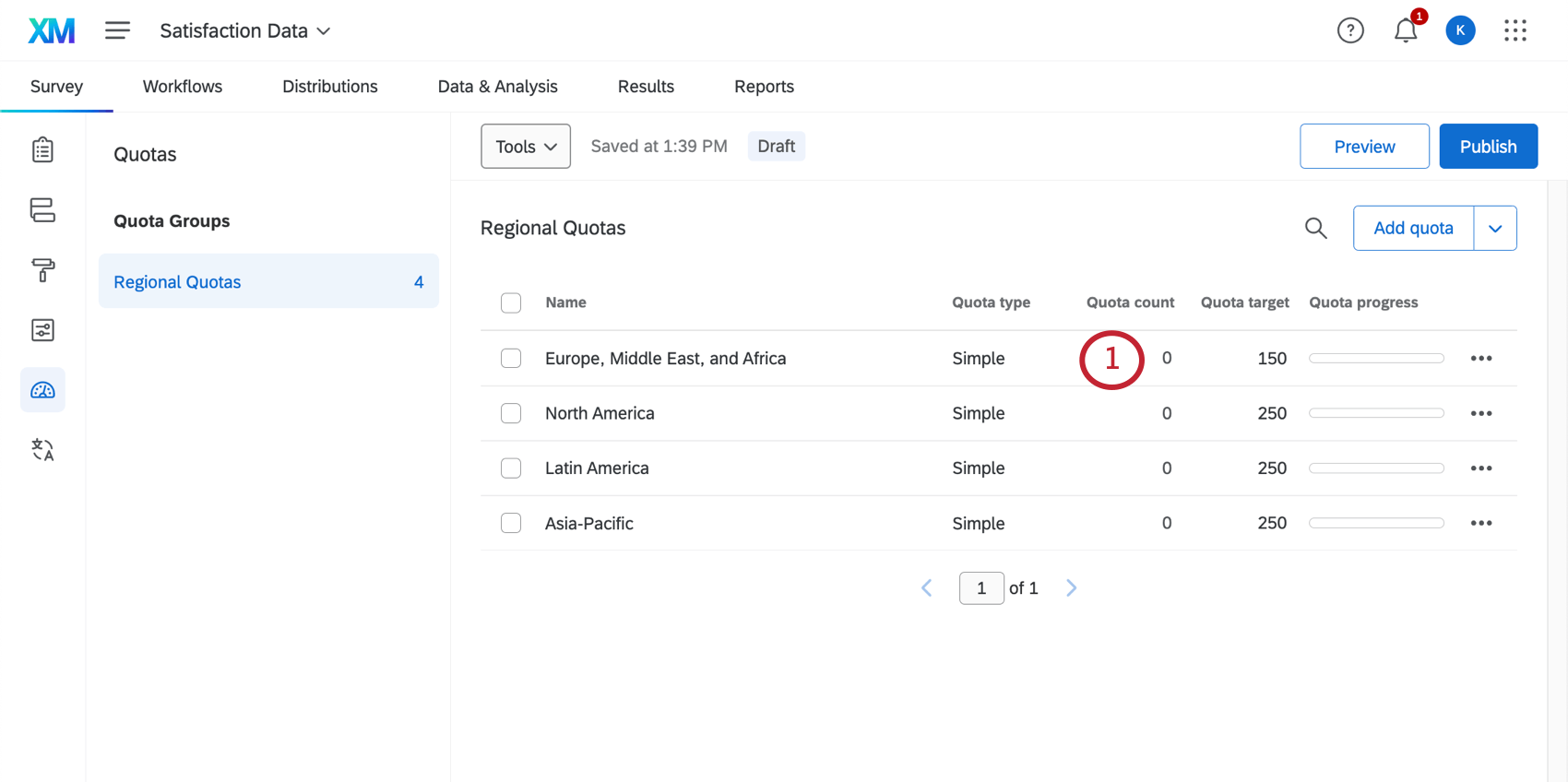 Column named quota count where all of the quotas are listed in rows