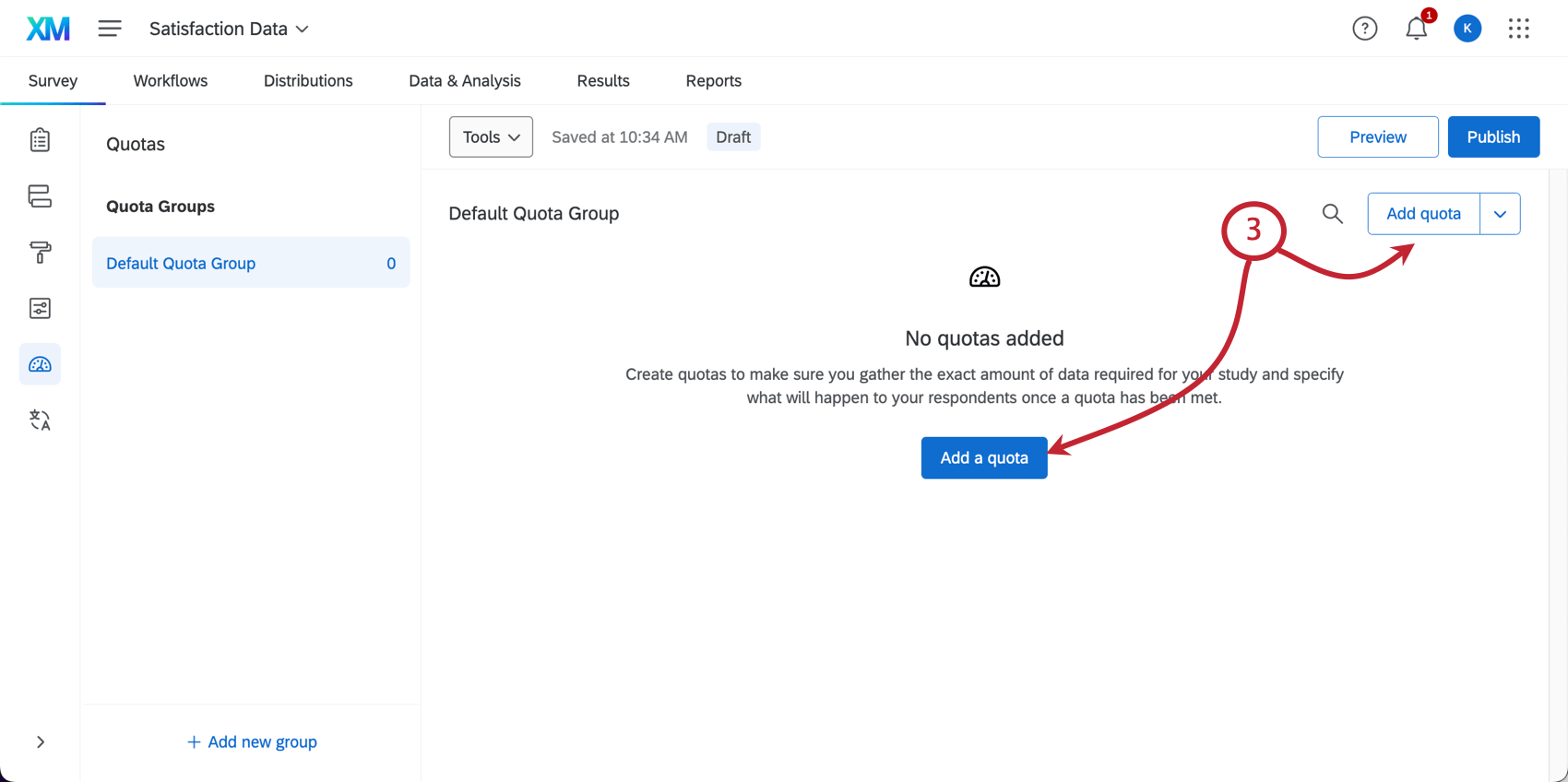 Quotas window has an Add a Quota button in the center and an Add quota button on the bottom towards the upper-right