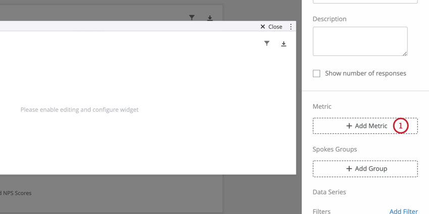 Double clicked into widget to reveal editing pane to right; inside here, an add metric button
