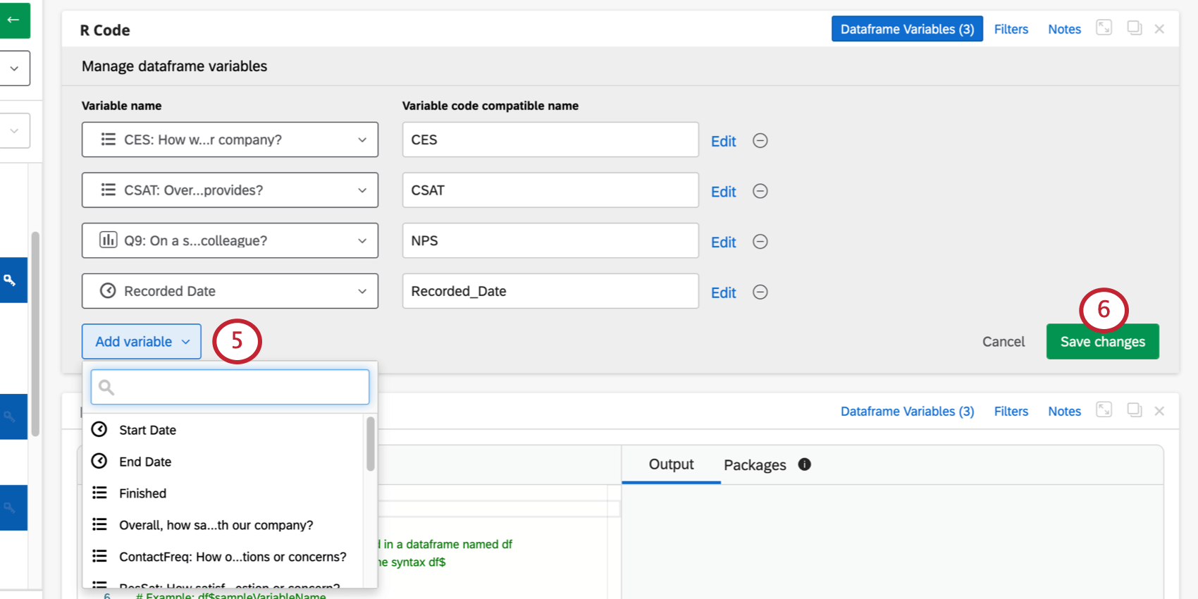 Screenshot shows how "add variable" dropdown expands into full survey data list