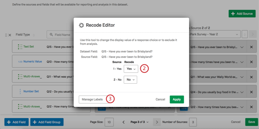 Recode Editor window with dropdowns and a mange labels button bottom left