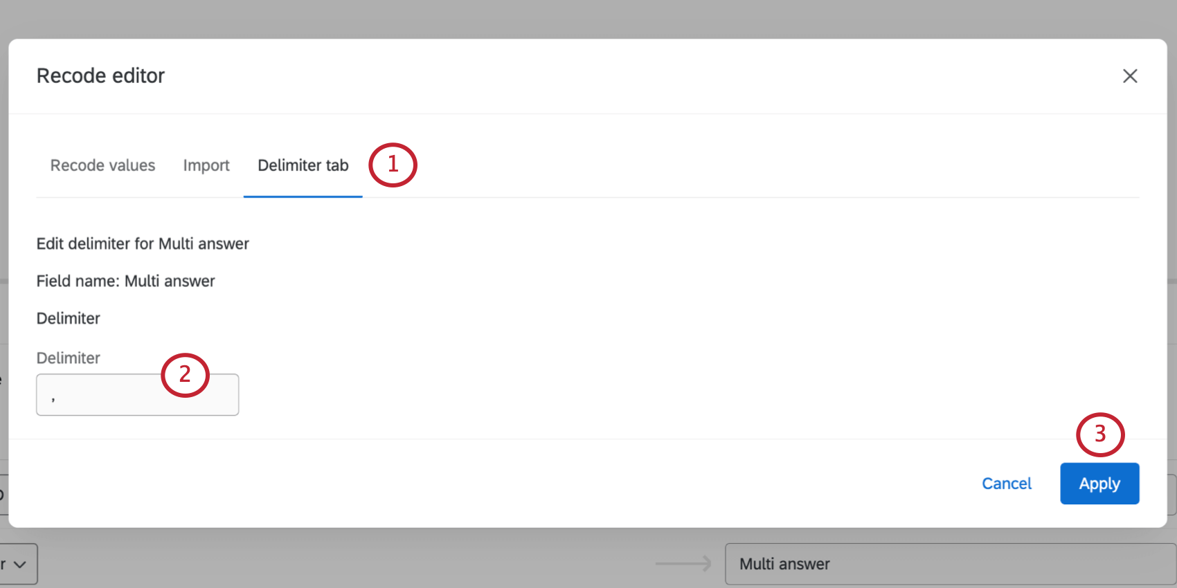 delimiter tab of recode editor window