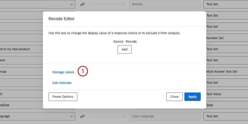 more options now shows manage labels and edit delimiter