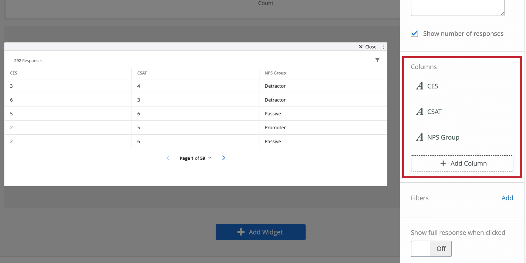 Add column button on the right widget editing pane