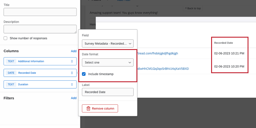 Recorded date column clicked, showing a menu where a date format can be set, including a timestamp