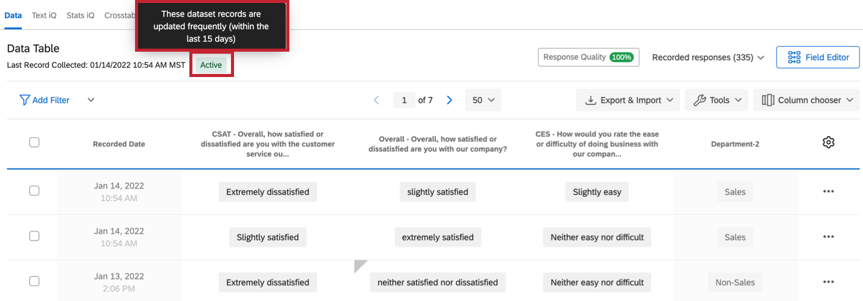 Tooltip appears when you hover over the status in the data & analysis
