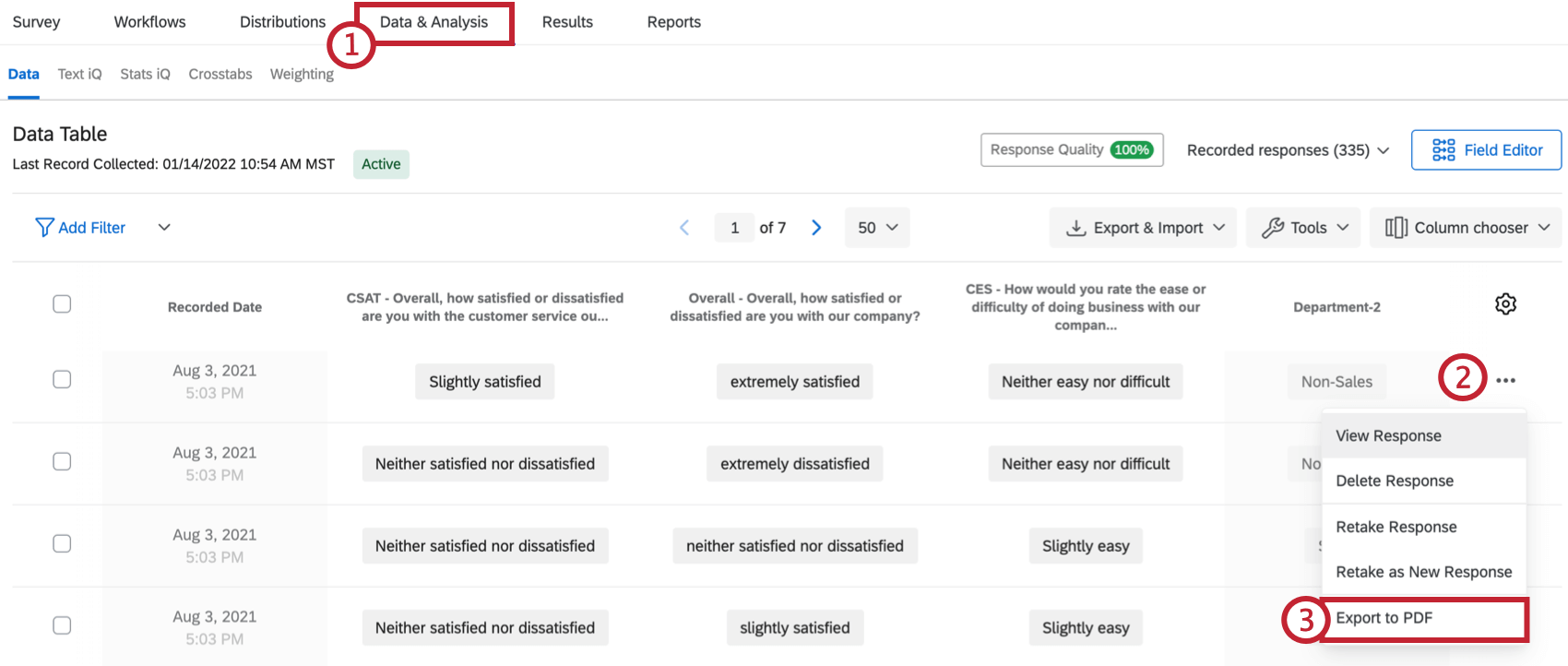 Clicking the dropdown under actions to the right of a response. The last option is to export to pdf